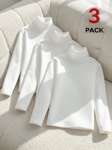 SHEIN 青少年女孩 T-Shirt 保暖內裡小立領長袖白色 3 件組 底層秋季疊穿內著 百搭單品 - 白色 - 查看 1