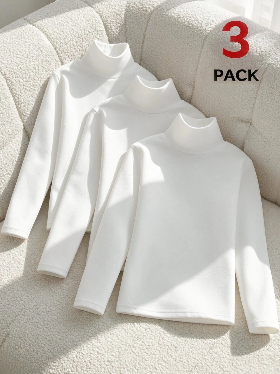SHEIN 青少年女孩 T-Shirt 保暖內裡小立領長袖白色 3 件組 底層秋季疊穿內著 百搭單品 - 白色 - 查看 1
