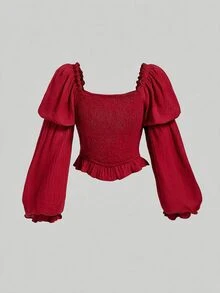 SHEIN Girlism 青少年女孩白色休閒百搭方領露肩百褶泡泡袖短版上衣，春夏新品 - 酒紅色 - 查看 8