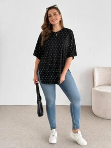 Shapeblank Plus Size Women's Spring/Summer Fashion Casual Loose Comfortable Versatile Polka Dot Short Sleeve T-Shirt - Black - View 5
