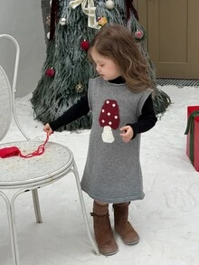 DAZY Infant/Toddler (Girl) Round Neck Sleeveless Korean Style Cartoon Mushroom Knit Dress - Grey - View 2