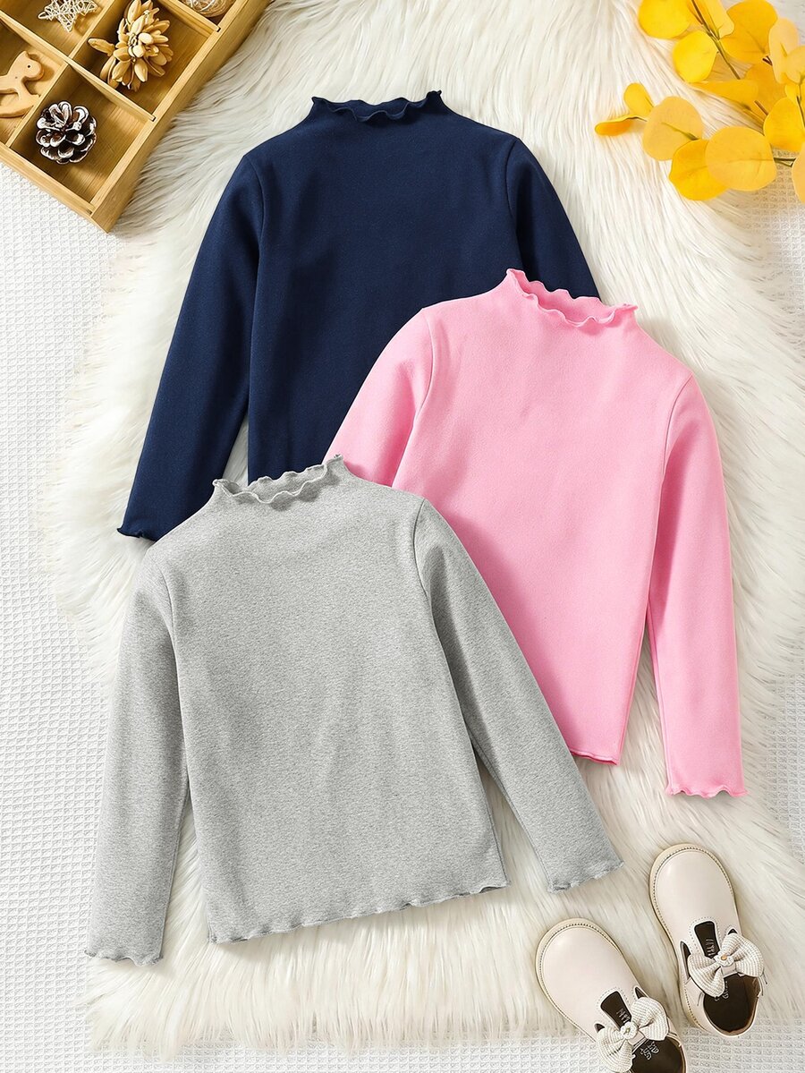SHEIN 少女休閒簡約舒適高領長袖T恤三件套,秋季加厚抓絨襯裡上衣套裝 - 彩色 - 查看 1