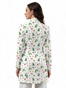 PopScrub White Background Colorful Christmas Tree & Rainbow Holly Print Fashionable Stand Collar Long Sleeve Long Jacket Scrub Top, Double Pocket Patchwork Zipper Nurse Scrub Uniform Jacket, Staff Scrub Uniform Coat, Suitable For Hospital And Various Clinic Workwear - Multicolor - View 4