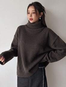 DAZY 女款秋冬百搭休閒純色高領毛衣 - 咖啡棕 - 查看 5