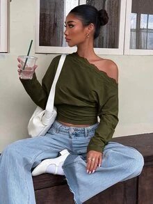 Muchica Women's Contrast Lace Asymmetric Shoulder Long Sleeve Fashion T-Shirt - Army Green - View 6