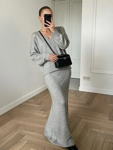CLARA VERO V Neck Oversize Knit Mermaid Skirt Set, Relaxed Fit, Fall Outings, Below Hip Sweater, Flared Skirt - Grey - View 9