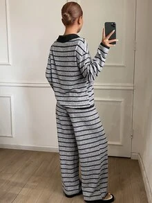 DAZY 2pcs Women's Pajama Set, Colorblock V-Neck Striped Loose Long Sleeve Top And Straight Leg Long Pants - Light Grey - View 2