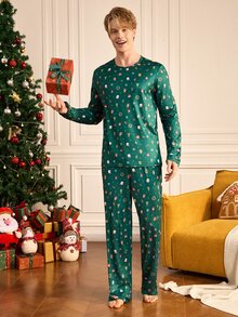 Notgurli Christmas Cartoon Print Round Neck Green Long Sleeve Green Pants Men's Loungewear Set - Dark Green - View 4