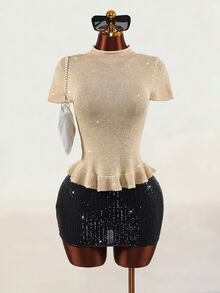 Mistrie Women's Knit Sweater, Shiny Gold Short Sleeve, Asymmetrical Ruffle Hem, Sexy Casual Y2K New Style, Autumn/Winter Short Knit Top - Gold - View 4