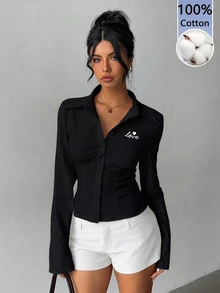 Aloruh 100%純棉女款襯衫，經典百搭街頭風咖啡廳穿搭，胸前愛心圖案印花，可愛俏皮，現代都市時尚商務女裝辦公穿搭，低調老錢風優雅知性通勤機場穿搭，情人節聖誕新年高智感優雅老錢風郵輪穿搭，婚禮賓客穿搭 - 黑色 - 查看 1