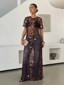 Lavishia 女款深棕色亮片拼接優雅長洋裝，秋季宴會婚禮賓客派對正式禮服 - 咖啡棕 - 查看 2