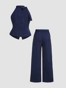 Sweetra Bộ 2 món áo blouse cạp nút size lớn và quần túi kẻ sọc - Màu xanh hải quân - Xem 2