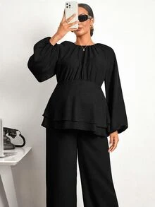 MaterniWear Maternity Solid Color Pleated Long Sleeve Top And Adjustable Waistband Pants Casual Daily 2 Pieces Set Fall - Black - View 7