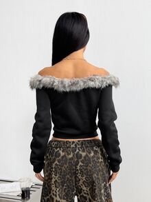 Coolane Women's Plush Patchwork Letter Pattern Casual Daily Long Sleeve Sweatshirt - Black - View 6