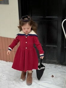 Dazy Kids Infant/Toddler (Girl) Contrast Color Korean Style Long Sleeve Autumn/Winter Dress - Red - View 6