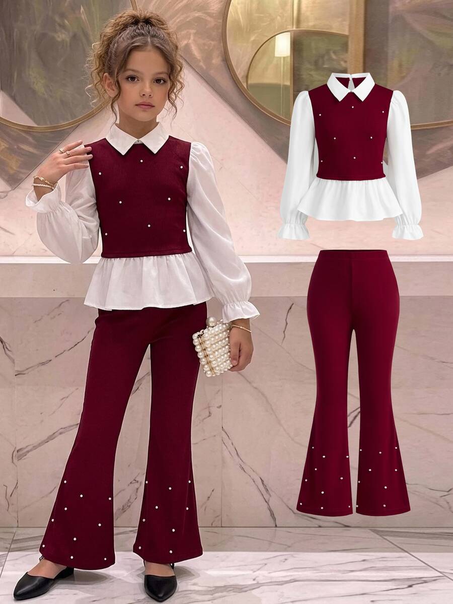 SHEIN Tween Girls Red Colorblock Polo Collar 2-Piece Set, Winter Autumn Back To School Formal Occasion Daily Comfortable Versatile - Red - View 1