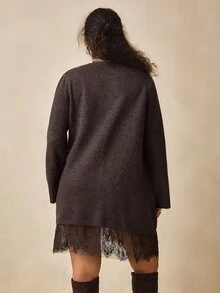 Nubod Casual stickad klänning för kvinnor i plus size med spets och patchwork - Brun - Visa 2