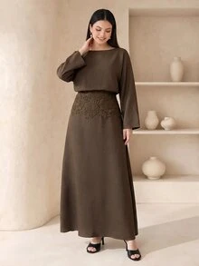 Veilorie Plus Size Elegant Embroidered Long Sleeve Dress For Weekend Outings - Brown - View 6