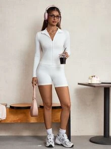 Sovereign Charm Women's Solid Color Long Sleeve Zip-Up Sports Jacket - White - View 7