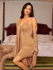 Slumberist Sexy V-Neck Lace Camisole & Robe 2 Pieces Set, French Luxury Style Women's Loungewear Pajama Set - Brown - View 5