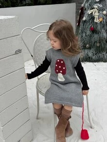 DAZY Infant/Toddler (Girl) Round Neck Sleeveless Korean Style Cartoon Mushroom Knit Dress - Grey - View 3