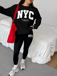 SHEIN EZwear 休閒寬鬆圓領運動衫與緊身內搭褲 2件套 - 黑色 - 查看 4