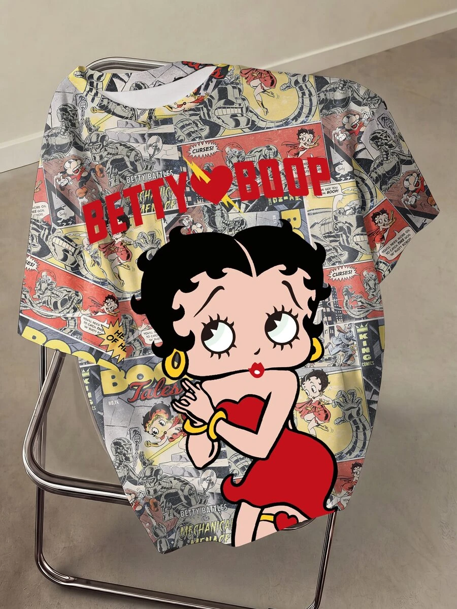 Betty Boop x SHEIN تي شيرت بأكمام قصيرة بطباعة كرتونية لطيفة مقاس كبير - أبيض - مشاهدة 1