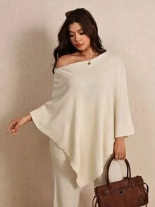 Elaquor Plus Size Asymmetrical Hem Asymmetrical Shoulder Top And Pants Knit Set - Apricot - View 5