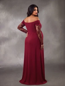 Cheriluna Maternity فستان أنيق بحجم كبير للحوامل بتصميم دانتيل مرقع للخريف/الشتاء - عنابي اللون - مشاهدة 2