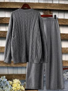 Linhara Plus Size V-Neck Cable Knit Long Sleeve Pullover Sweater And Pants Casual Set - Grey - View 2