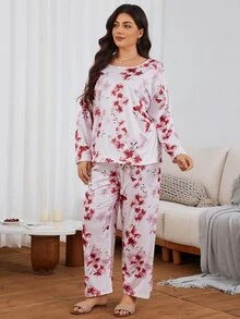 Serenescape Women's Plus Size Fashion Casual All-Over Floral Print Pattern Comfortable Milk Silk Fabric Long Sleeve Long Pants Pajama Set - Pink - View 4