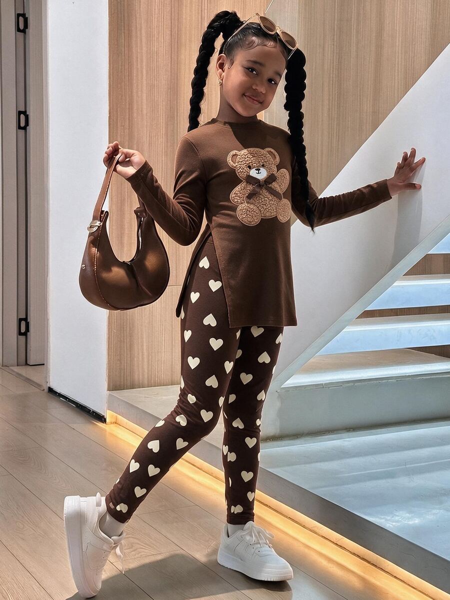 Tween Girls Loose Long Tween Girl Sleeve Side Slit Tight Winter Leggings 2 Pieces Set With Cartoon Pattern School Matching Family Brown And White Cute - Multicolor - View 1