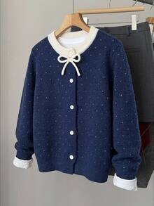 DAZY Áo cardigan len dáng rộng cho bé gái lớn, họa tiết chấm bi phối màu tương phản, trang trí nơ dễ thương, mùa thu/đông - Màu xanh hải quân - Xem 2