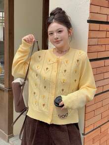 Dazy Plus Pattern Embroidered Fitted Round Neck Long Sleeve Casual Vacation Vintage Girl Spring Autumn Knit Cardigan - Yellow - View 4