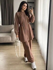 Solavon Women's Striped Colorblock Zip-Up Long Sleeve Sweatshirt And Solid Color Pants 2 Pieces Set - Brown - View 1