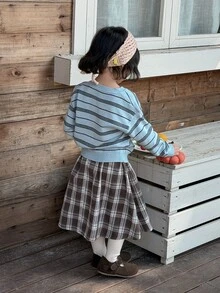 Dazy Kids Infant (Girl) V-Neck Korean Style Striped Long Sleeve Sweater - Blue - View 2