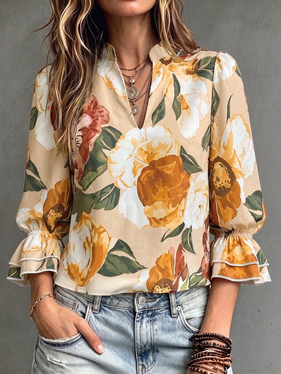 RosyDaze Vintage Oil Painting Floral Print Stand Collar V-Neck Blouse, Atmospheric Double Layer Ruffle Lantern Sleeve Vacation Top - Khaki - View 1