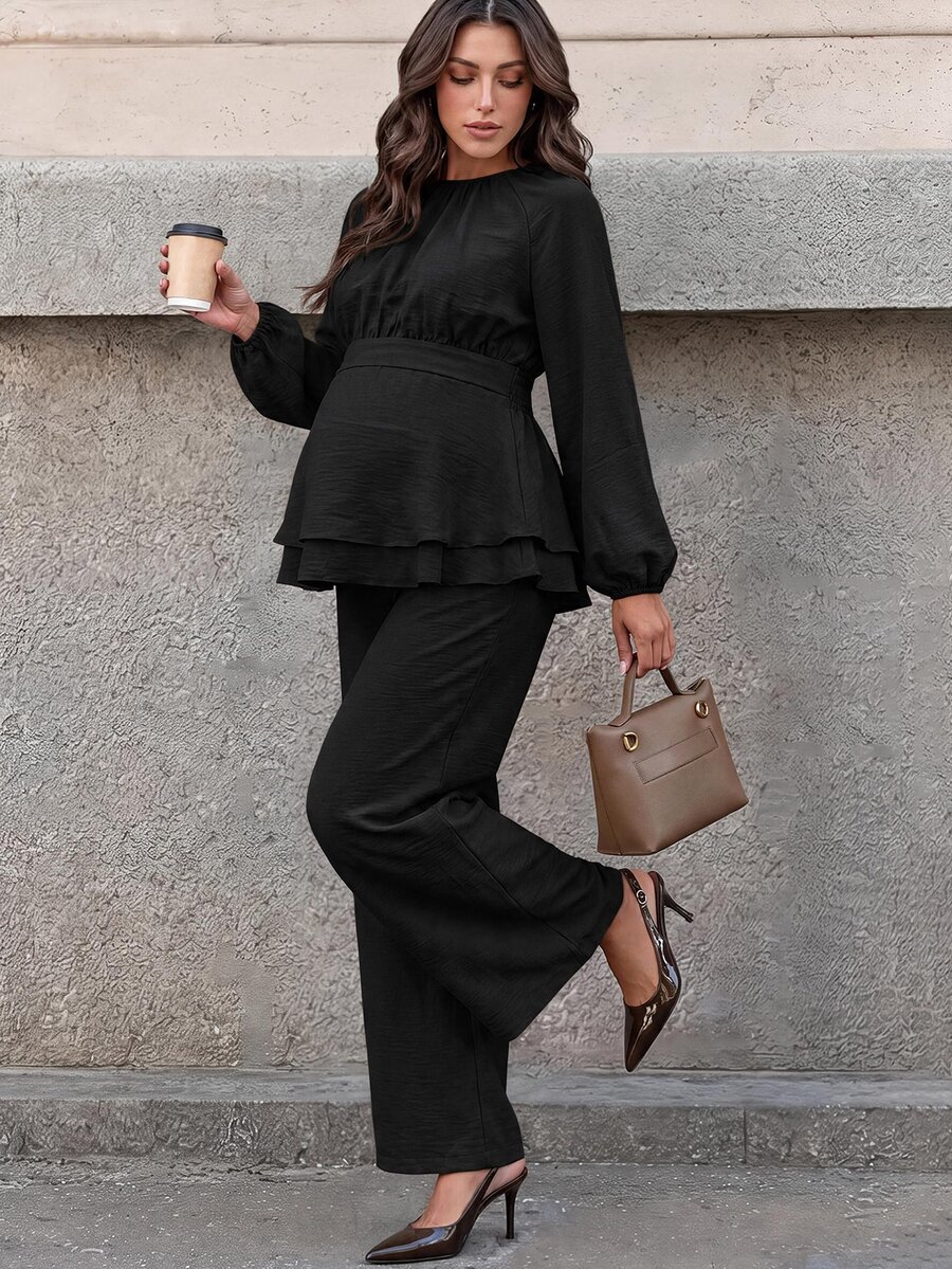 MaterniWear Maternity Solid Color Pleated Long Sleeve Top And Adjustable Waistband Pants Casual Daily 2 Pieces Set Fall - Black - View 1