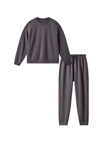 LUVLETTE Plus Size Fall Charcoal Soft Fleece Contrast Trim Cuffed Hems Round Neck Long Sleeve Lounge Sets For Men Outdoor Wear Now Trending Sleepwear Homewear - Dark Grey - View 11