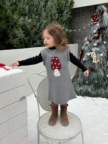 DAZY Infant/Toddler (Girl) Round Neck Sleeveless Korean Style Cartoon Mushroom Knit Dress - Grey - View 8