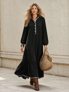 Faunlyn Gaun Wanita Fashion dengan Kancing Setengah Plaket dan Desain Blok Warna - Hitam - View 1