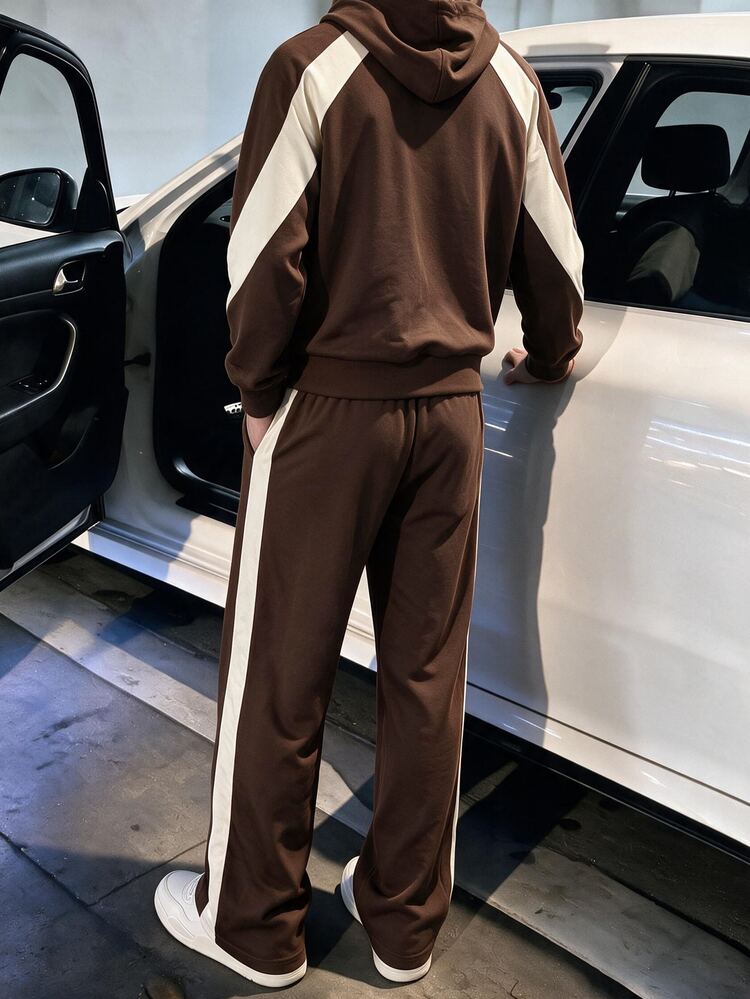 STEELVANCE Men's Striped Colorblock Sweatshirt And Drawstring Waist Long Pants Set - Coffee Brown - View 2