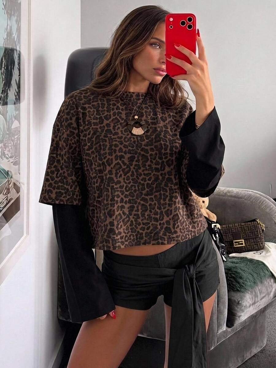Aloruh Women's Round Neck Casual Leopard Print Pullover Fitted T-Shirt With Patchwork, Y2K Leopard Print T-Shirt - Multicolor - View 1
