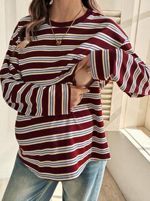 SHEIN 孕婦條紋哺乳T恤，休閒秋季穿著 - 彩色 - 查看 1