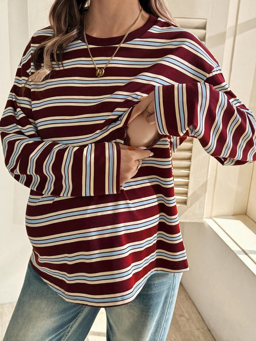 SHEIN 孕婦條紋哺乳T恤，休閒秋季穿著 - 彩色 - 查看 1