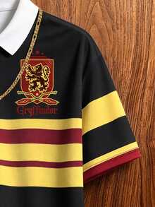 HARRY POTTER X SHEIN Aesthetic Post 獅子字母印花男士 Polo 衫，學院風黑黃紅拼接條紋球迷紀念領口短袖上衣，休閒校園運動場電影聯名收藏短袖 T 恤，寬鬆版型學院周邊經典 0 - 彩色 - 查看 5