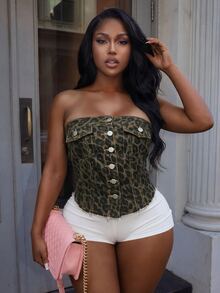 BriallanyX BriallanyX Sexy Leopard Print Denim Tube Top - Multicolor - View 3