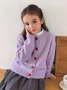 DAZY Áo cardigan nữ tween cổ tròn tay dài họa tiết trái tim cài nút màu trơn - Màu tím - Xem 5