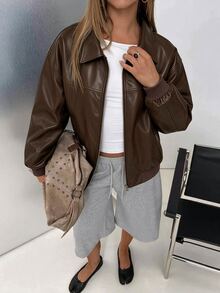 Avenya Minimalist Style Lapel Split Zipper Slightly Loose Textured Leather Jacket - Brown - View 3