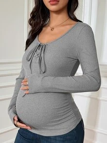 DAZY Solid Color Slim Fit Tie-Up Elastic Long Sleeve Casual Daily Korean Style Girl Autumn/Winter Maternity T-Shirt - Grey - View 6